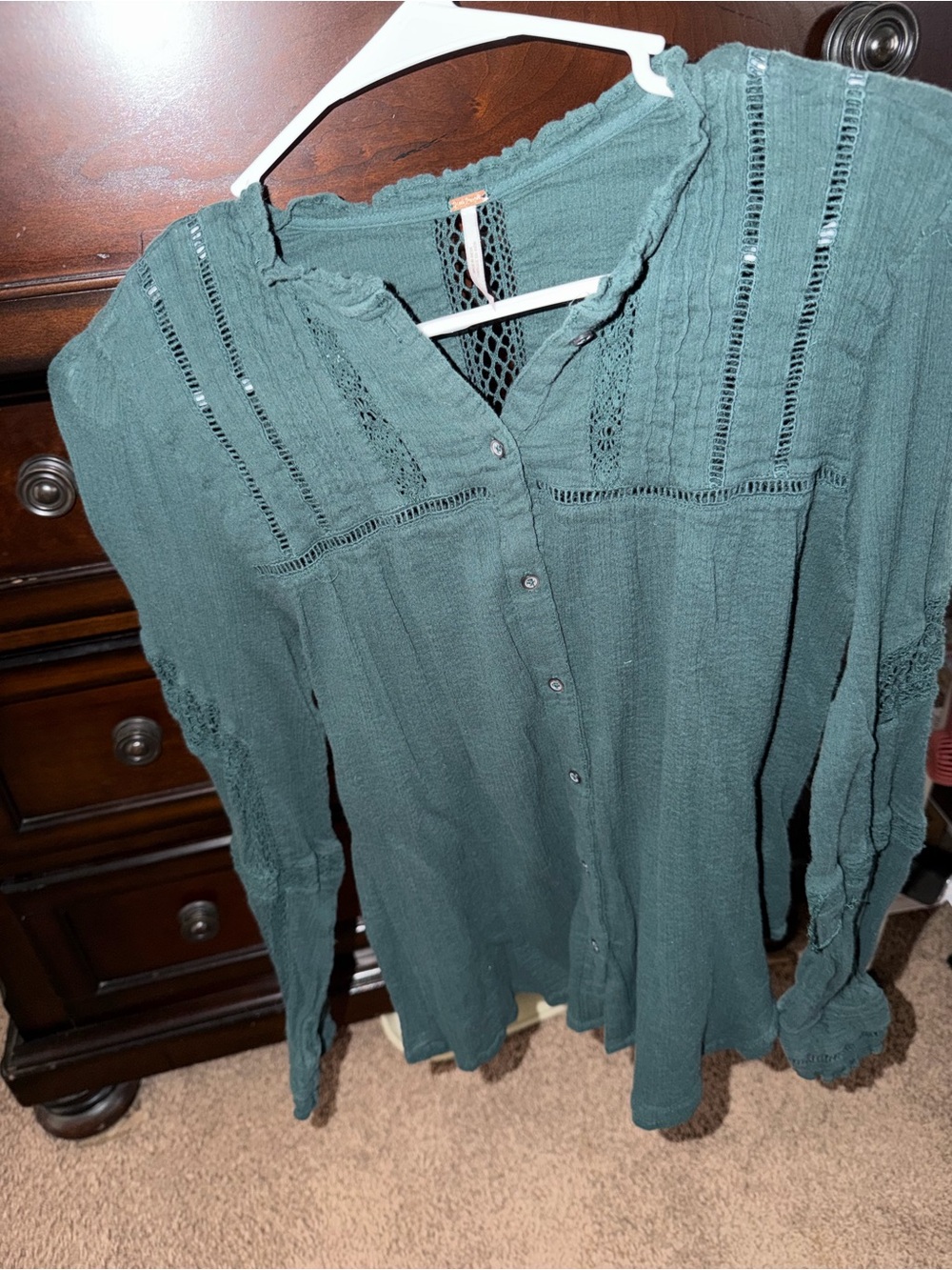 Free People Dark Teal Lace-Trim Button Front Long Sleeve Top